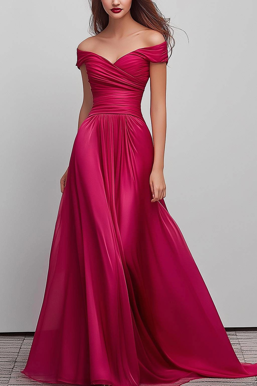 Evening Formal Dress Off-Shoulder Pleated Floor-Length Dress