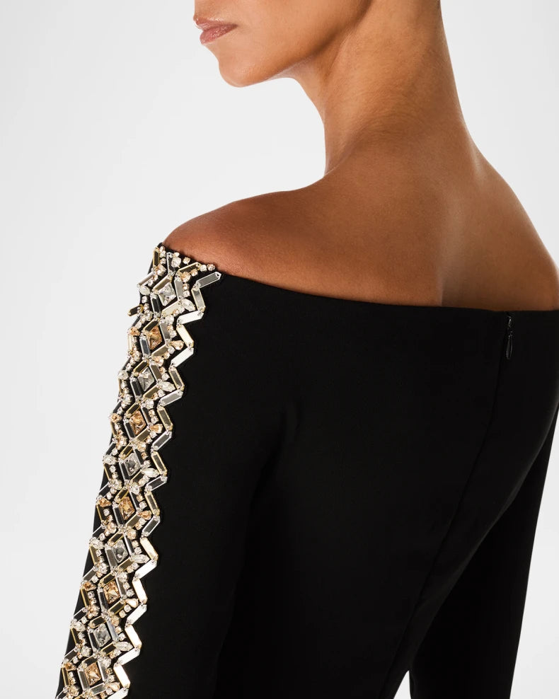 Charisma Crystal Off-The-Shoulder Long-Sleeve Gown Charming and unique design Beautiful