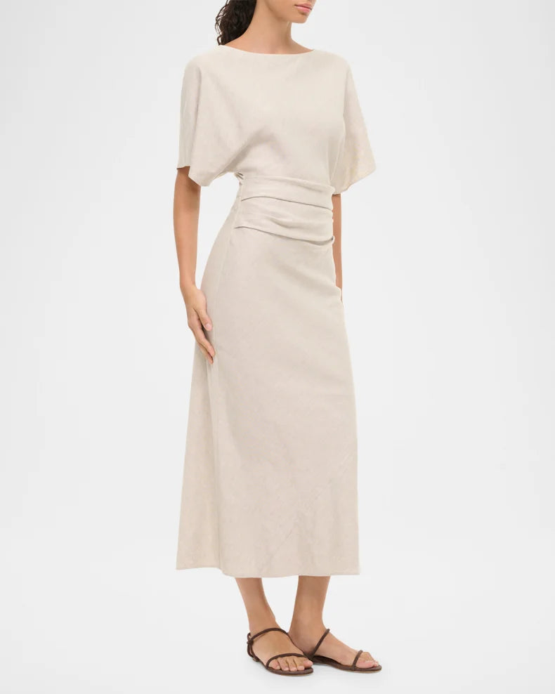 Amelie Linen Midi Dress Shimmer Twist Gown Simple beautiful generous and full of charm
