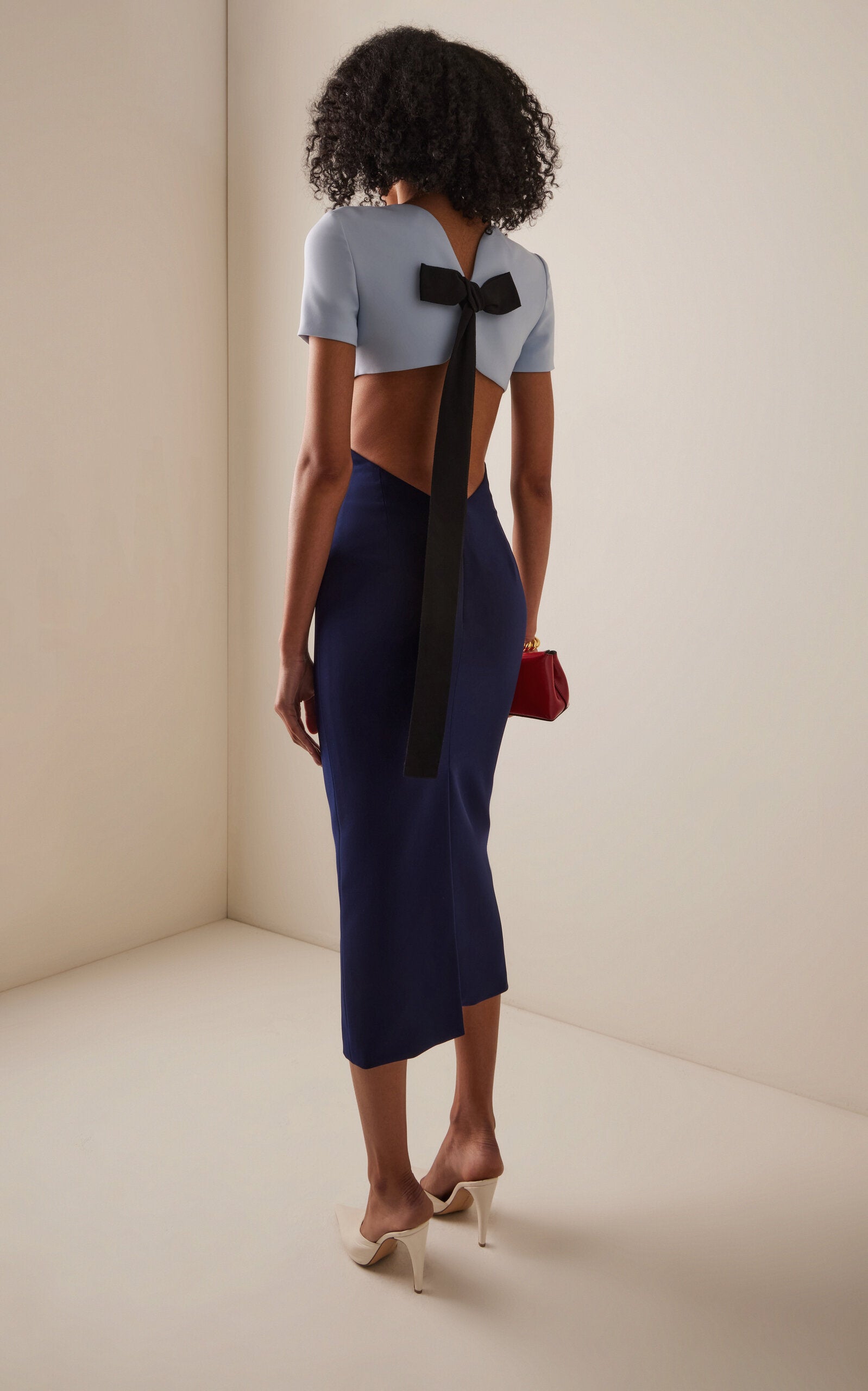 Exclusive Riviera Open Back Two-Tone Crepe Midi Dress