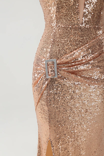 Sparkly Champagne Mermaid Off The Shoulder Sequins Party Dress with Slit