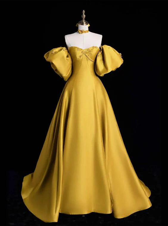Satin Lace Long Prom Dress Beautiful A-Line Off the Shoulder Evening Party Dress