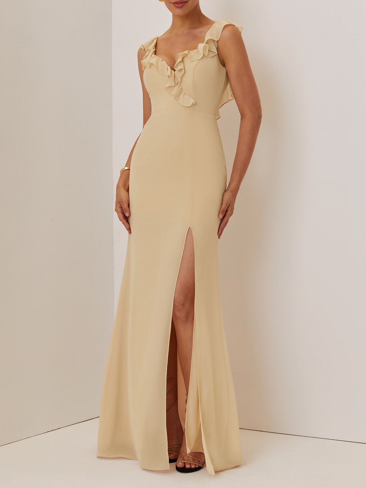 Simple beautiful generous and full of charm Apricot Ruffled Prom Dress Lotus Leaf Collar Sleeveless Mermaid Maxi Dress