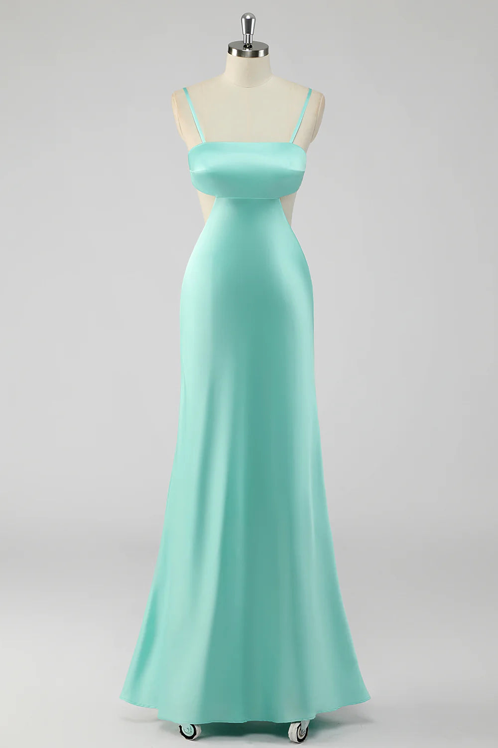 Mint Green Sheath Spaghetti Straps Long Bridesmaid Dress with Open Back