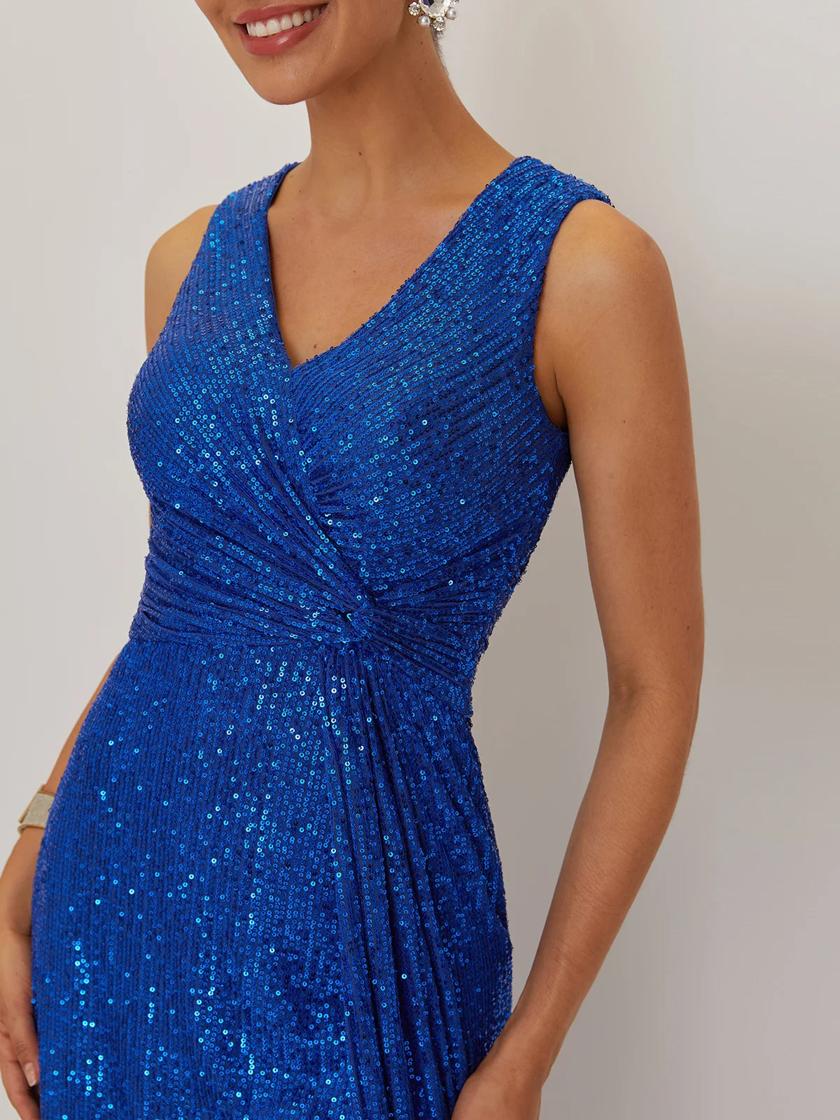 Simple beautiful generous and full of charm Blue Ruched Prom Dress V Neck A-Line Maxi Dress