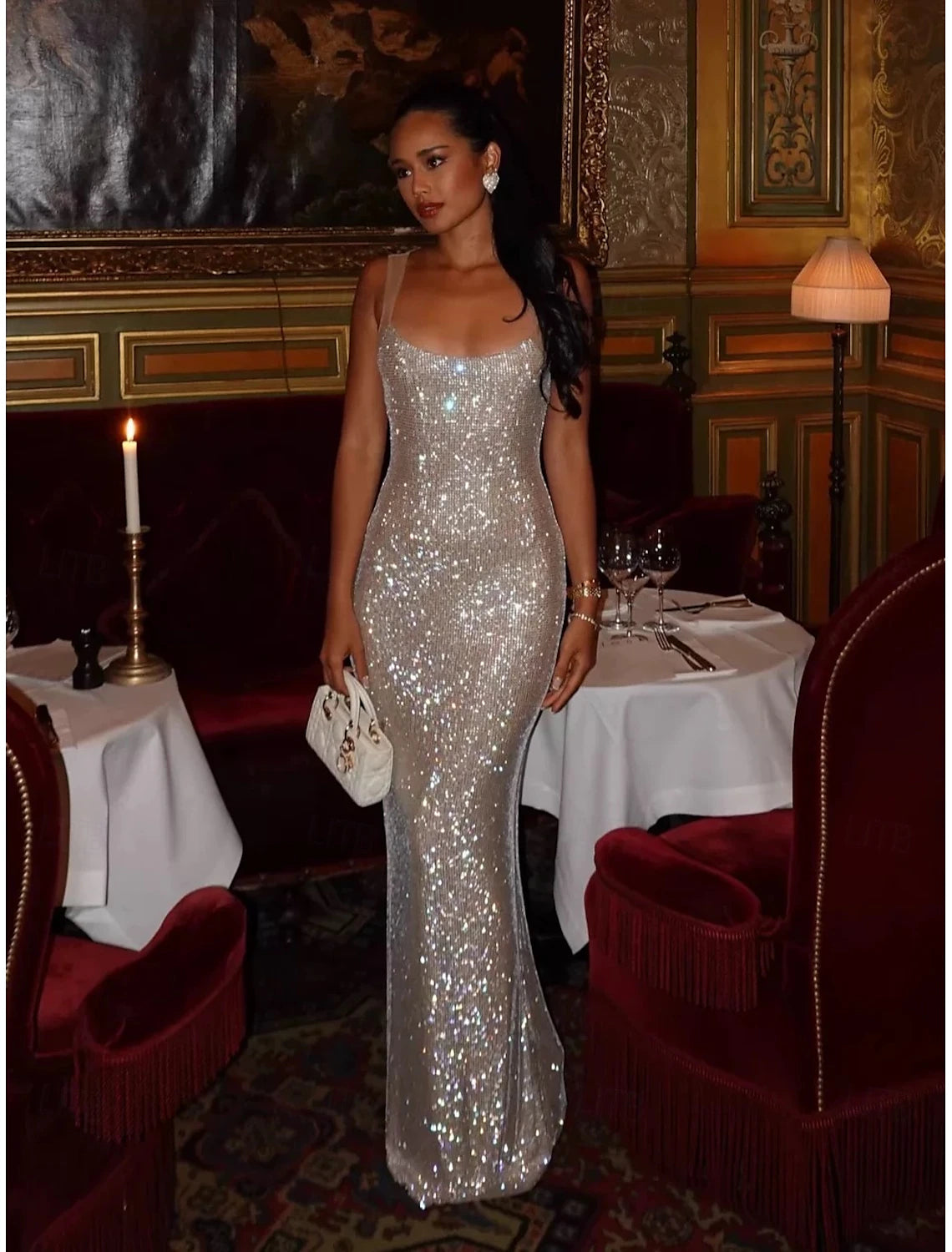 Mermaid Trumpet Prom Dresses Vintage Dress Formal Prom Floor Length Sleeveless Square Neck Sequined with Glitter Sequin