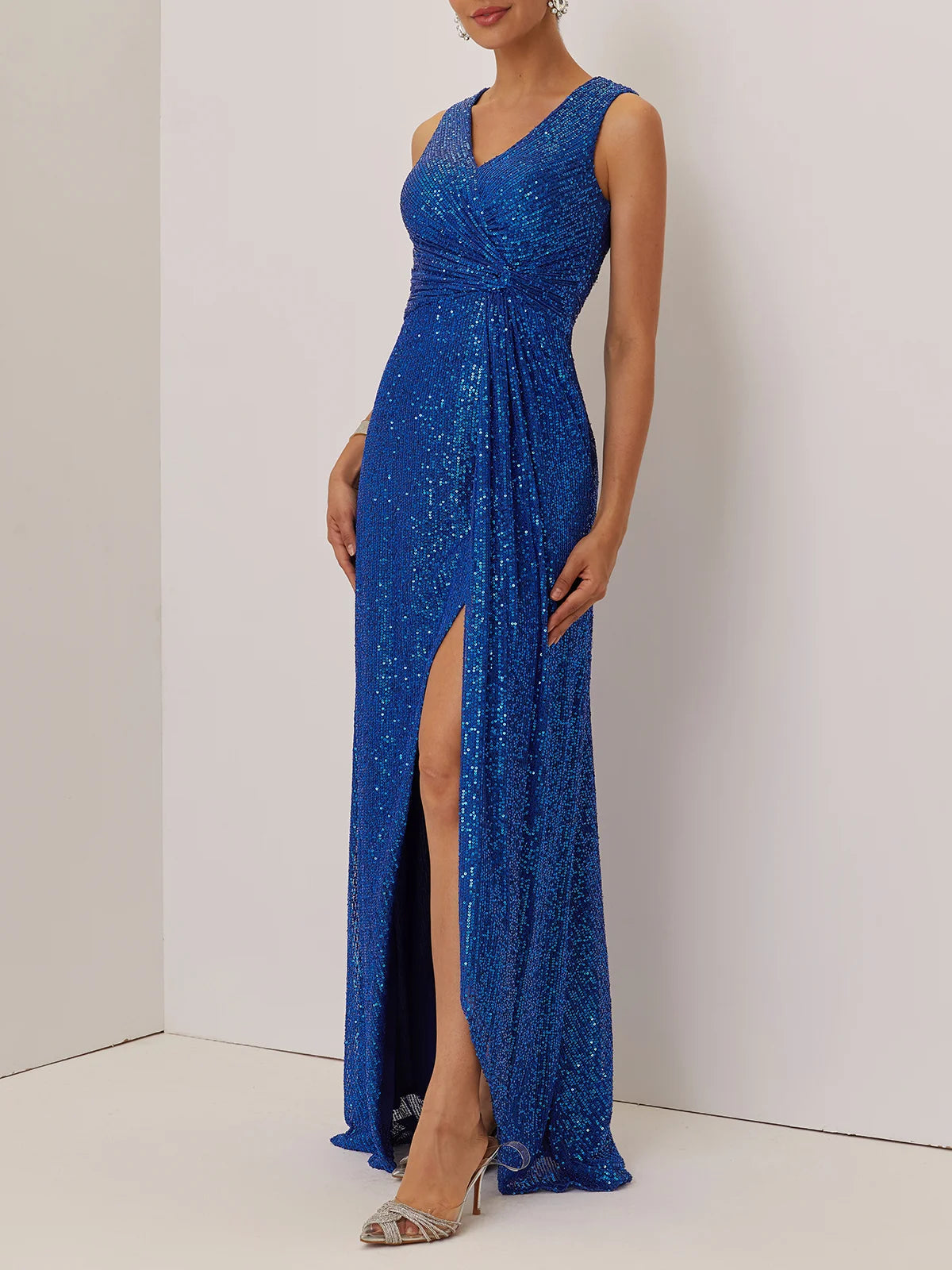 Simple beautiful generous and full of charm Blue Ruched Prom Dress V Neck A-Line Maxi Dress
