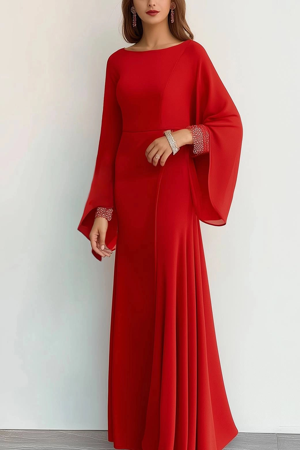 Semi-formal Party Dress Chiffon Bell Sleeve Rhinestone Cuffs Maxi Dress