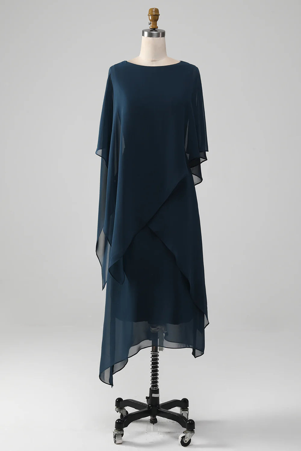 Navy A-Line Scoop Tea-Length Chiffon Mother of the Bride Dress