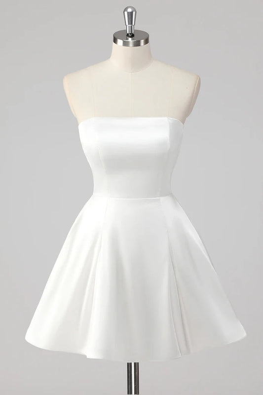 Simple A-Line Strapless Little White Graduation Dress