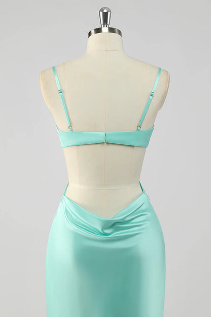 Mint Green Sheath Spaghetti Straps Long Bridesmaid Dress with Open Back