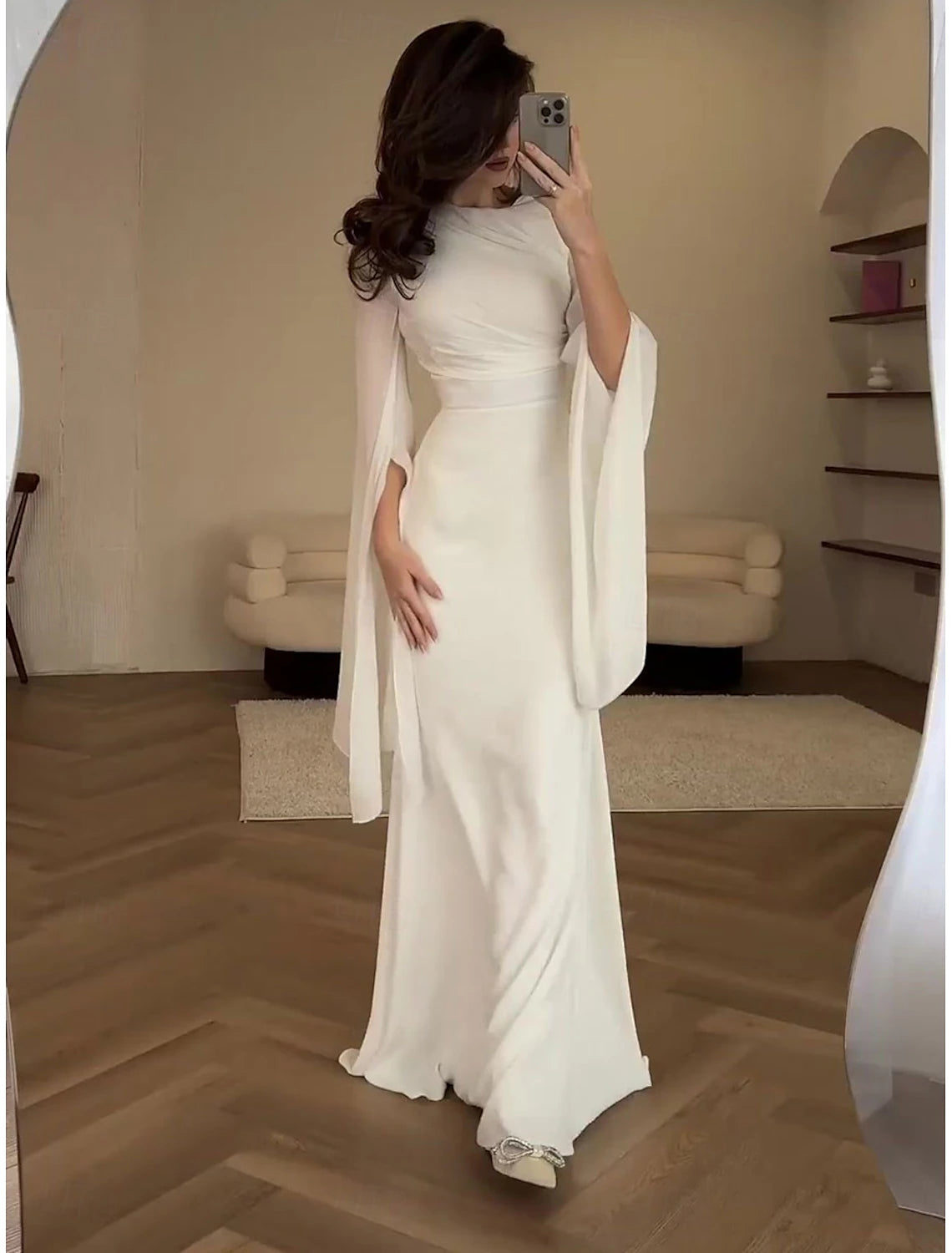 Mermaid Trumpet  Dresses Elegant Dress Formal Wedding Floor Length Long Sleeve Crew Neck Velvet with Ruched