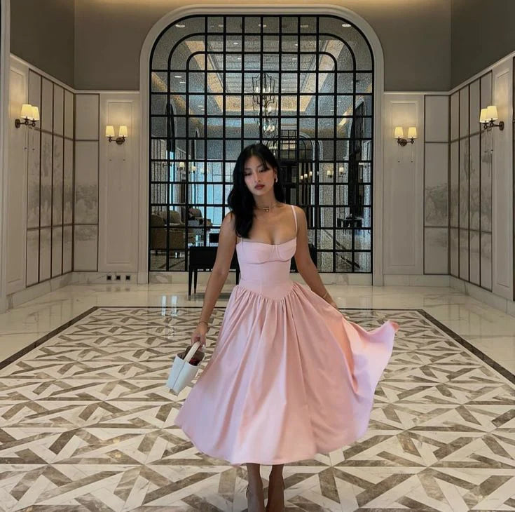 Pink Mid Length Evening Prom Dresses Custom Made Prom Dress