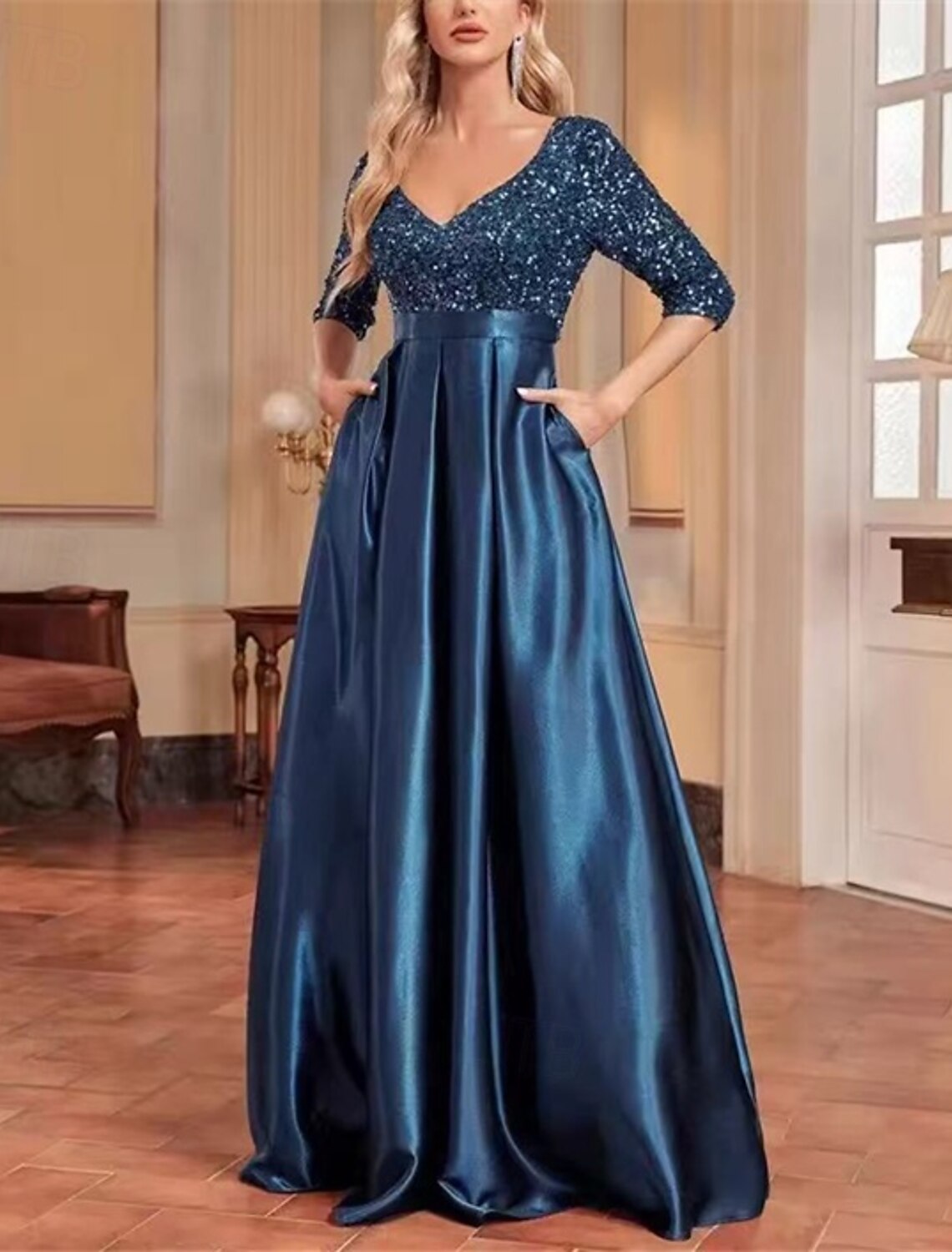 A-Line Evening Gown Party Dress Evening Party Party Wear Floor Length Short Sleeve V Neck Wednesday Addams Family Lace Cowl Back with Glitter Sequin