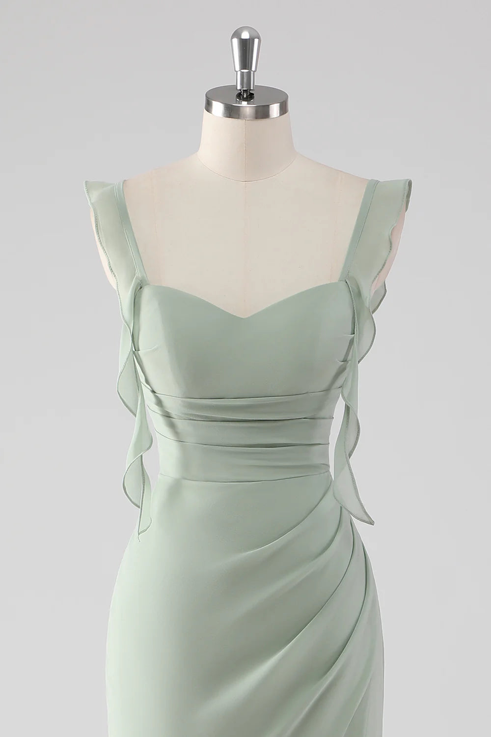 Sage Green Ruffled Sweetheart Neck Evening Gown Sage Green Ruffled Sheath Lace-Up Back Long Bridesmaid Dress with Slit Evening Dress