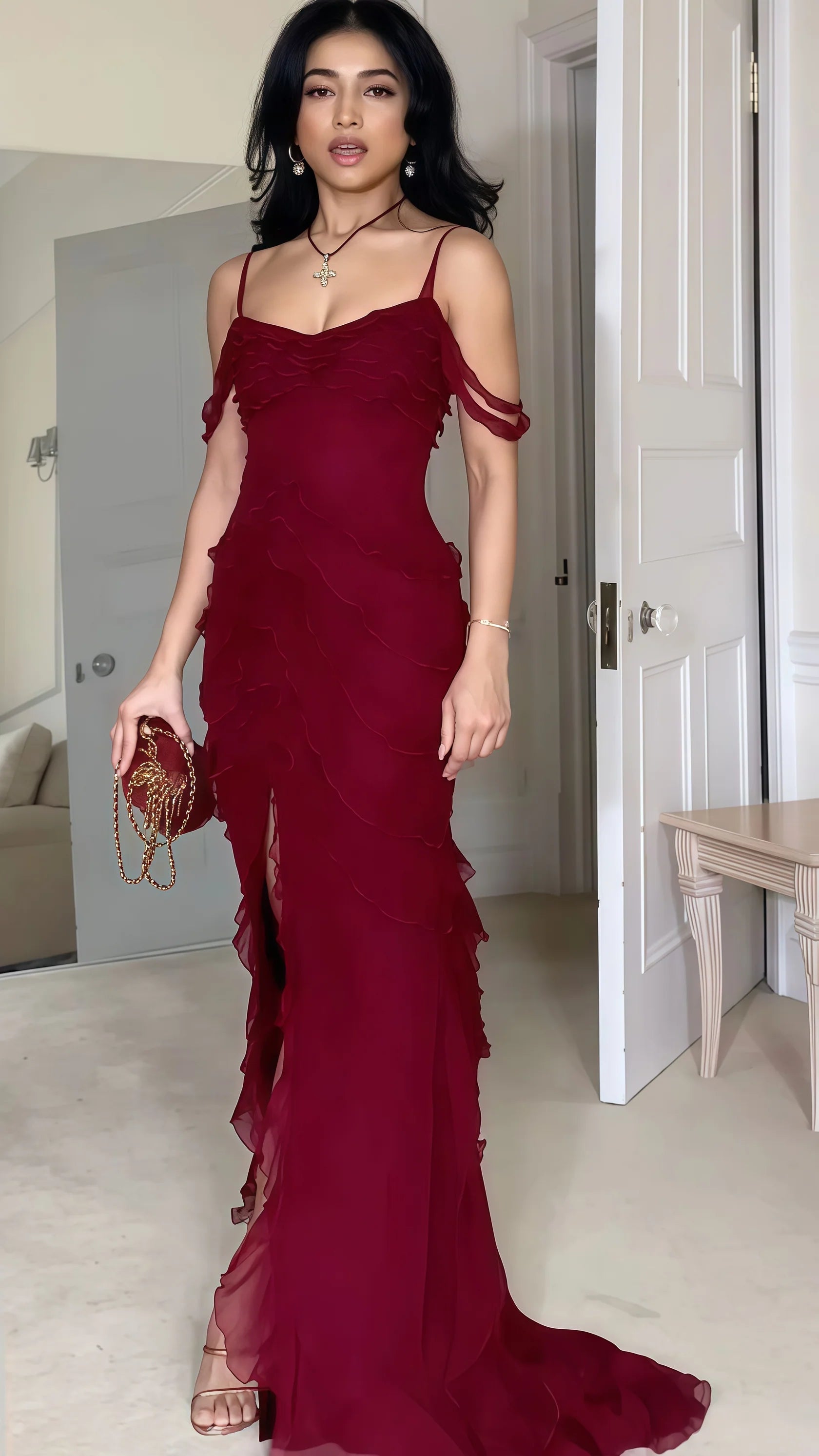 Sexy Mermaid Beautiful elegant and unique design Prom Dress Burgundy Chiffon Evening Prom Dresses, Sexy Party Dance Dress