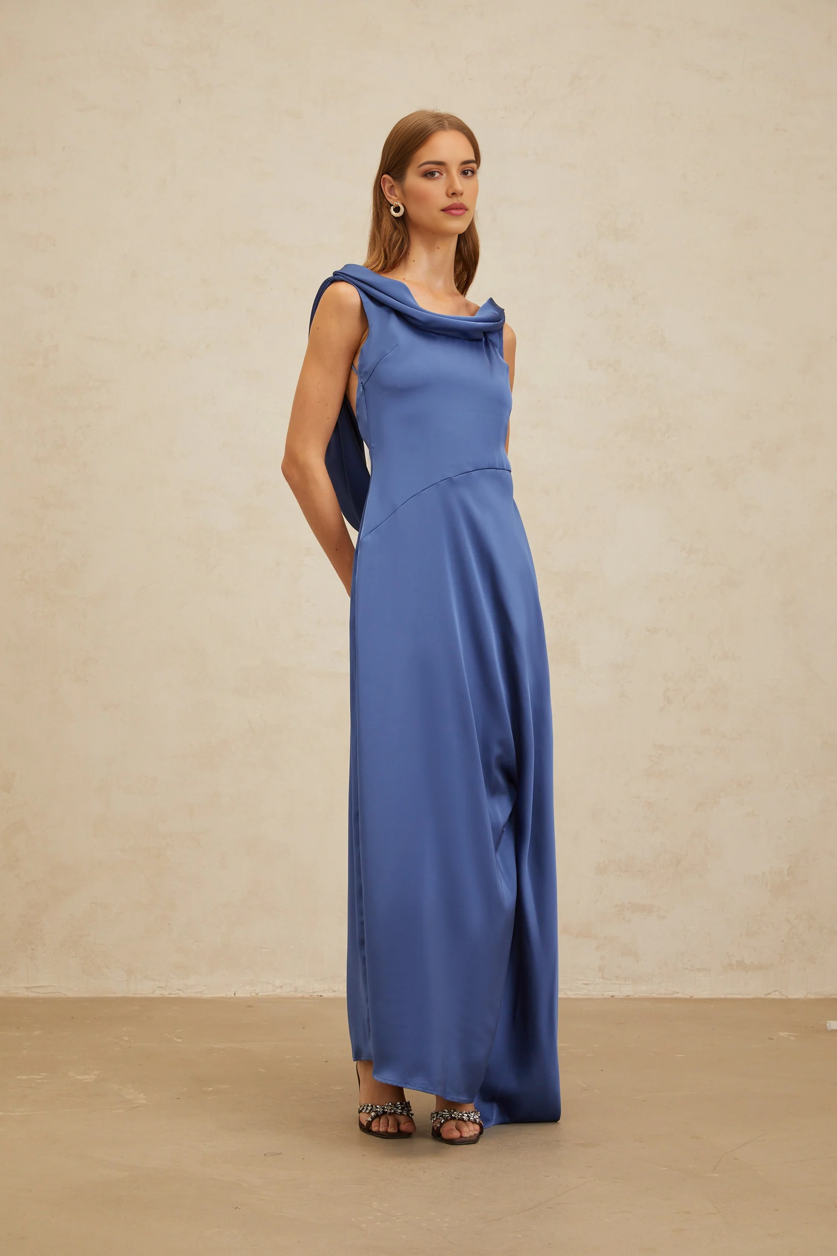 Blue Satin Cowl Neck Maxi Dress with Open Back Sapphire Open-Back Satin Maxi Dress Evening Dress