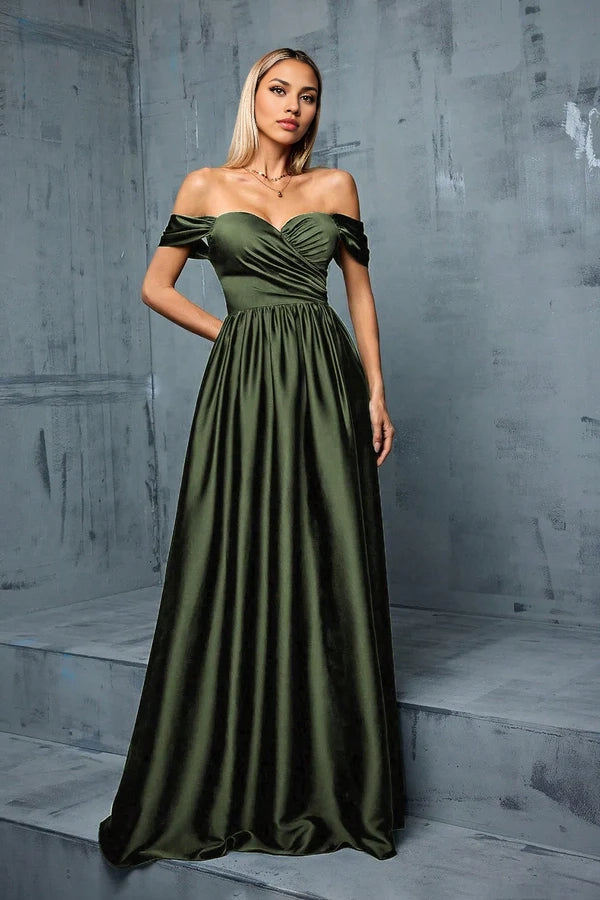 Army Green Off the Shoulder Satin A-Line Long Prom Dress simple gentle atmospheric and unique desi Bring summer colors to enhance whiteness