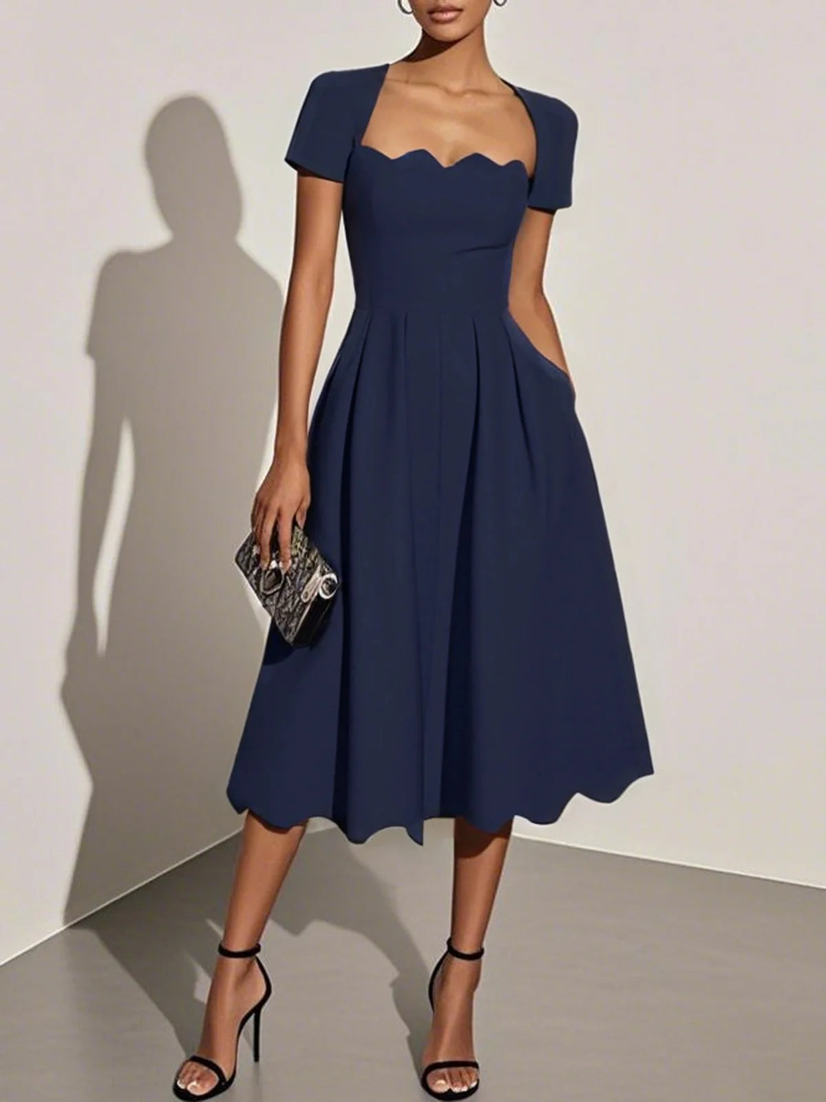 Purplish Blue Irregular Craftsmanship Classic Square Neck Short Sleeve A-Line Midi Dress