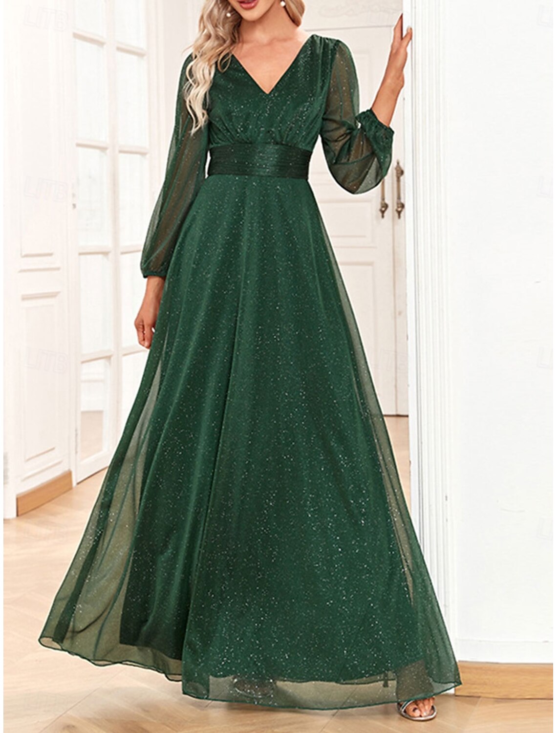 Dress Mother of the Bride Dress Elegant Party Sparkle & Shine V Neck Floor Length Chiffon Long Sleeve with Sequin
