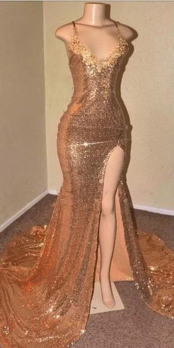 ﻿ Gold Sequins V-Neck Halter Sleeveless Long Mermaid Prom Dress with Split