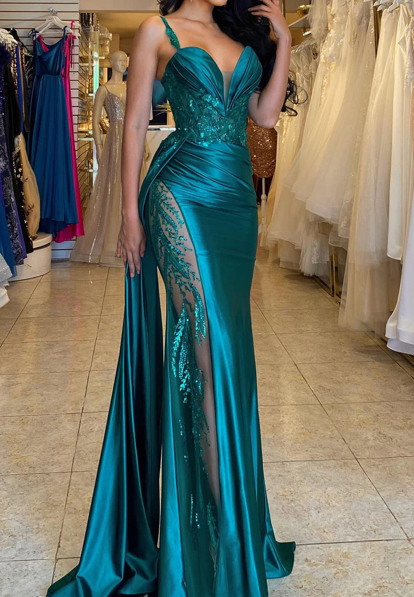 V-Neck Sleeveless Appliques Sheath Ruched Prom Dress Simple gentle beautiful and unique design