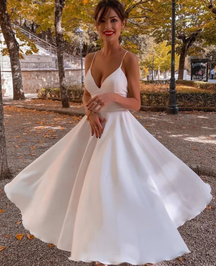 Simple V Neck White Prom Dress Tea Length Saint Formal Wedding Party Dress