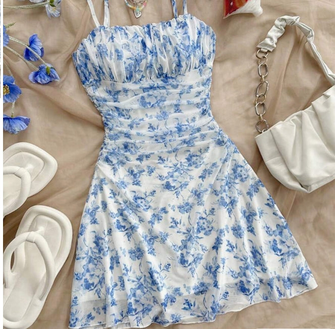 Women's Blue & White Floral Mesh  Summer Vacation Dress Summer Dresses For Women Pastel Dresses For Women