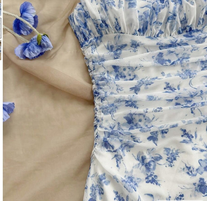 Women's Blue & White Floral Mesh  Summer Vacation Dress Summer Dresses For Women Pastel Dresses For Women