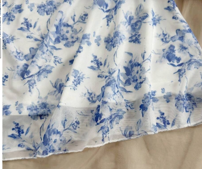 Women's Blue & White Floral Mesh  Summer Vacation Dress Summer Dresses For Women Pastel Dresses For Women