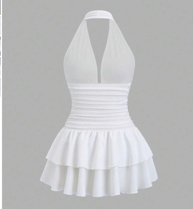 Black Knit  Woven Patchwork V-Neck Open Back Ruffle Hem Gathered Waist Mini Dress Elegant  Casual For Women Spring Summer