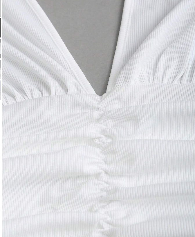 Black Knit  Woven Patchwork V-Neck Open Back Ruffle Hem Gathered Waist Mini Dress Elegant  Casual For Women Spring Summer