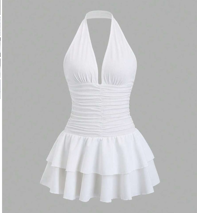 Black Knit  Woven Patchwork V-Neck Open Back Ruffle Hem Gathered Waist Mini Dress Elegant  Casual For Women Spring Summer