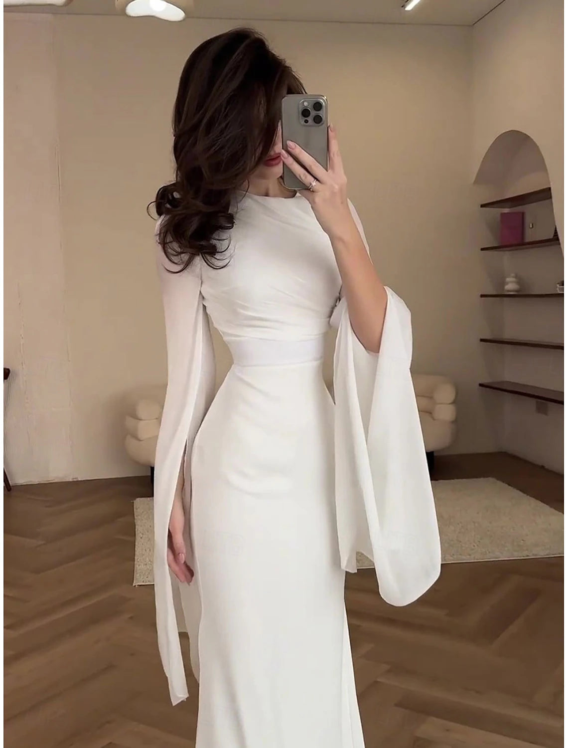 Mermaid Trumpet  Dresses Elegant Dress Formal Wedding Floor Length Long Sleeve Crew Neck Velvet with Ruched