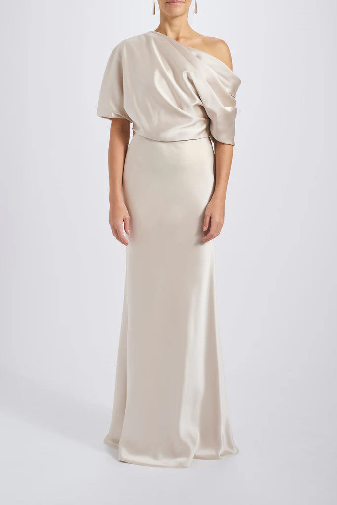 The Slouch Dress - Fluid Satin off-one-shoulder draped bodice gown with bias column skirt Simple atmospheric beautiful and unique design
