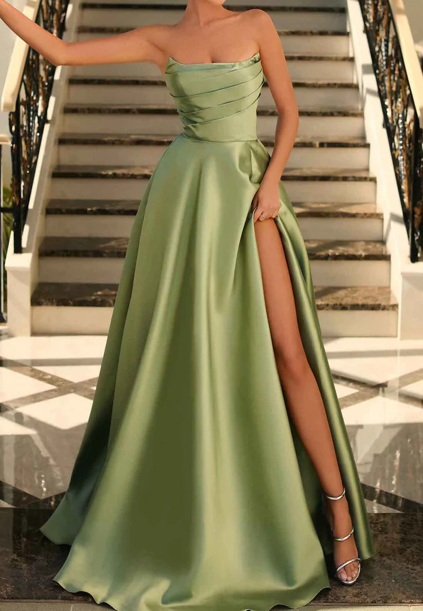 Scoop Sleeveless Pleated High Slit A-Line Prom Dress Long Formal Evening Gown  Simple gentle beautiful and unique design