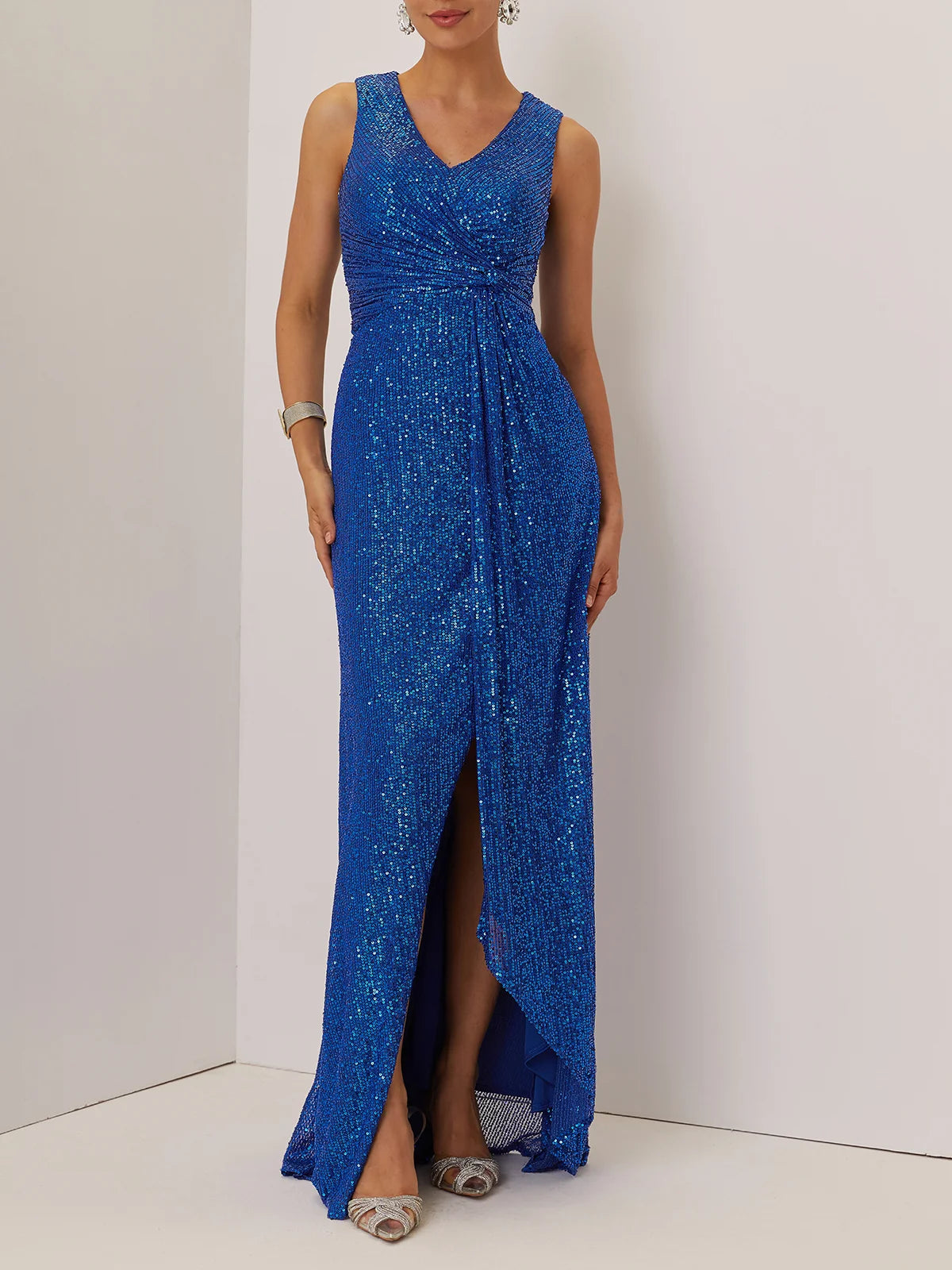 Simple beautiful generous and full of charm Blue Ruched Prom Dress V Neck A-Line Maxi Dress