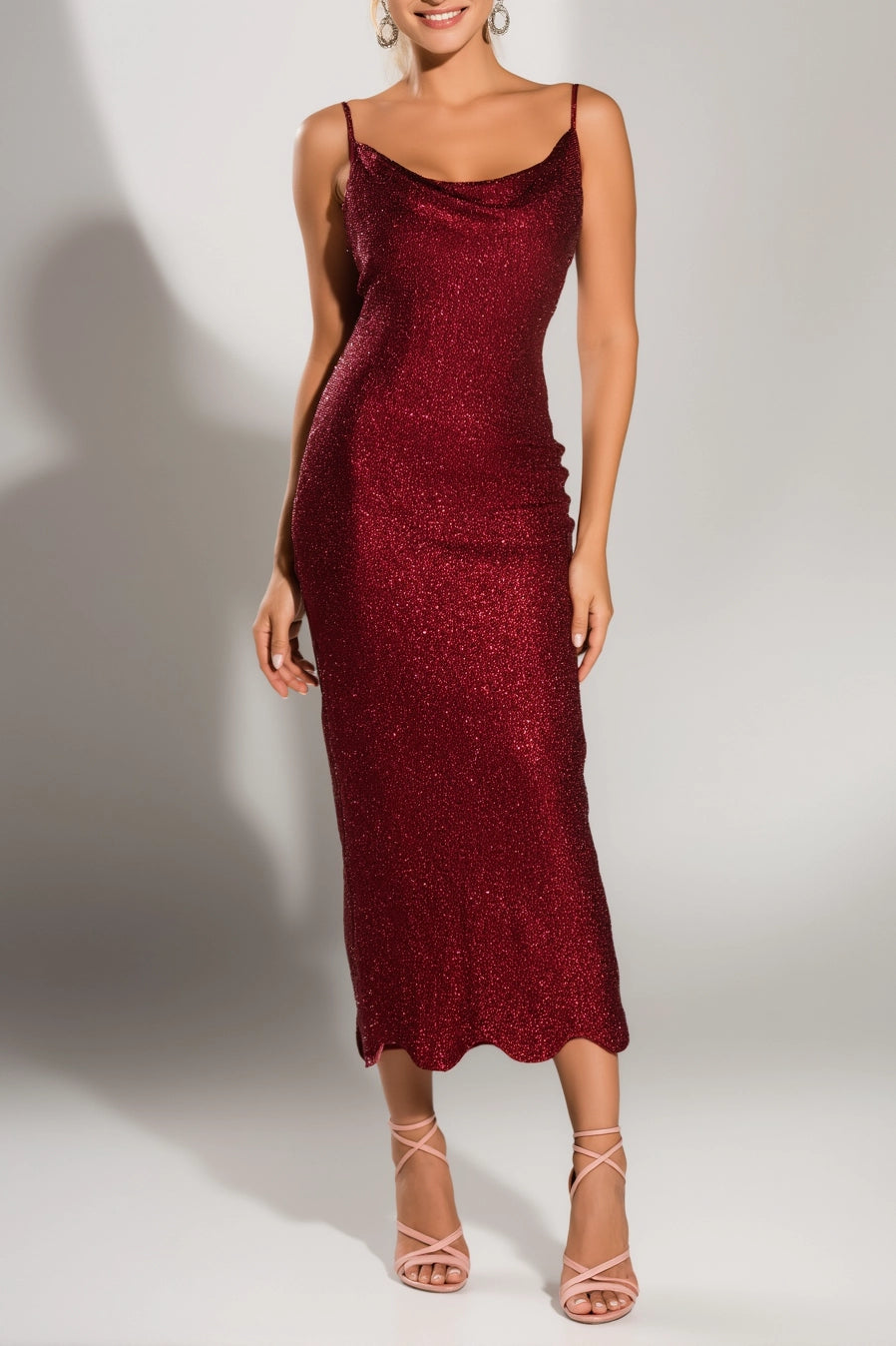 Cocktail Party Dress Red Spaghetti Strap Cowl Neck Stretchy Midi Dress Simple beautiful generous and full of charm
