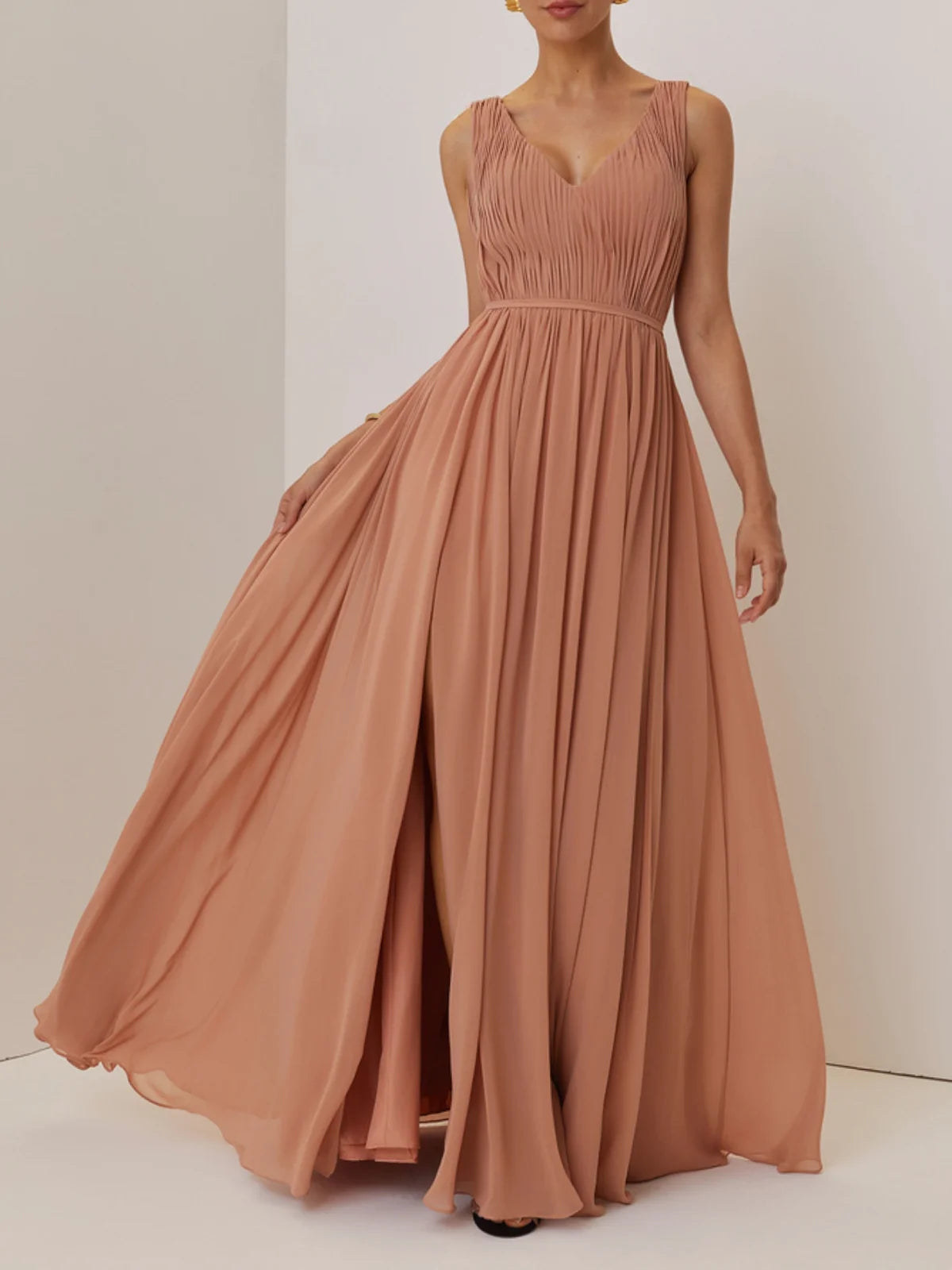 Simple beautiful generous and full of charm Pink Ruched Prom Dress V Neck Sleeveless A-Line Maxi Dress
