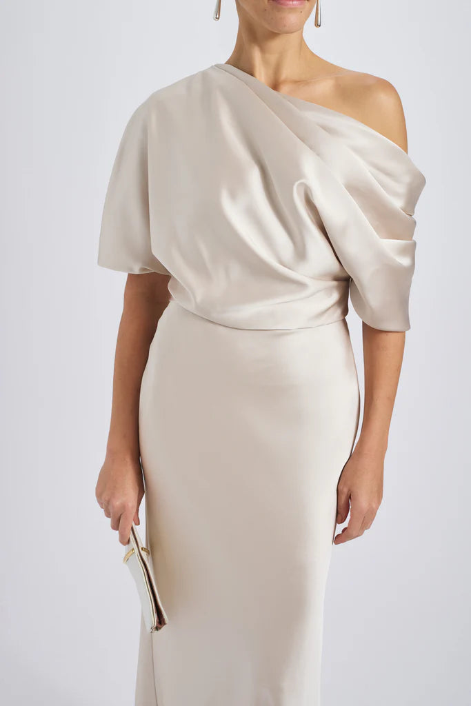 The Slouch Dress - Fluid Satin off-one-shoulder draped bodice gown with bias column skirt Simple atmospheric beautiful and unique design