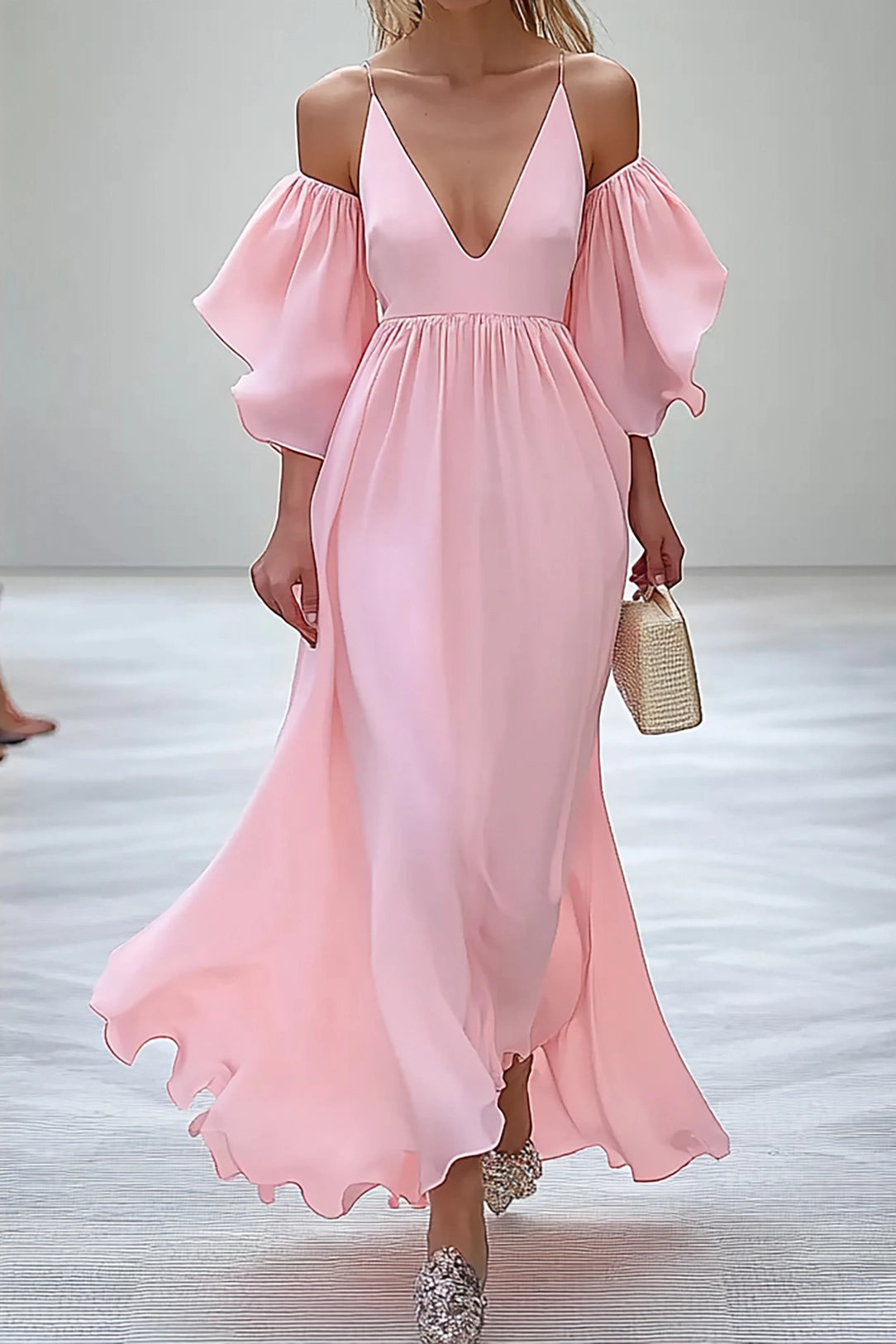 Prom Party Spaghetti Strap Dress Princess Sleeve Deep V Ruffled Long Dress