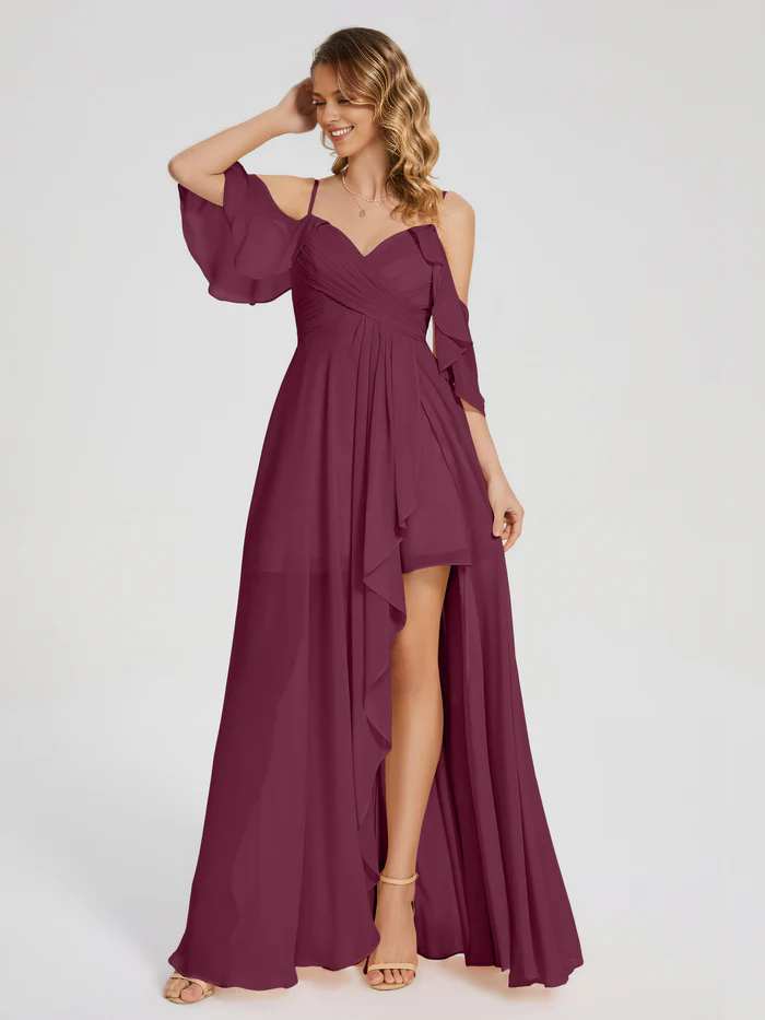 Sleek Deep V-Neck Long Sleeves with High Slit Prom Dress