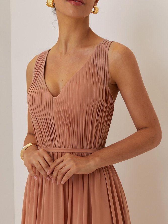 Simple beautiful generous and full of charm Pink Ruched Prom Dress V Neck Sleeveless A-Line Maxi Dress