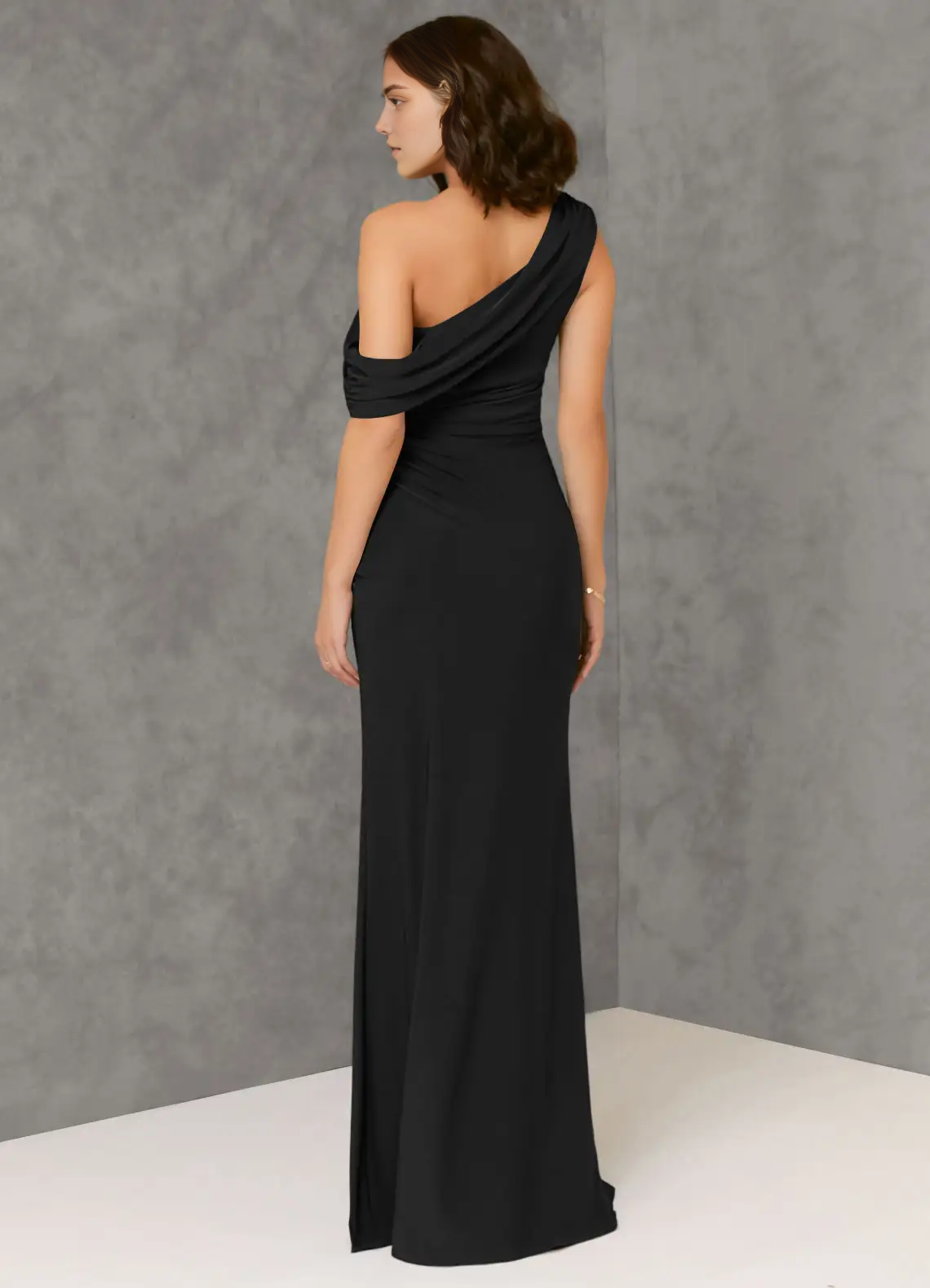 Black One-Shoulder Ruched Evening Gown with Side Slit Sheath One Luxe Knit Bridesmaid Dresses