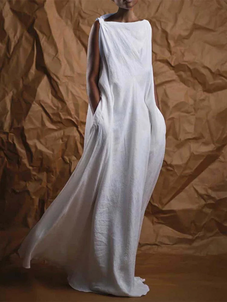 White Boat Neck Wrap Long Maxi Dress Simple atmospheric beautiful and unique desi