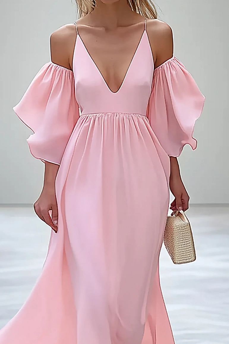Prom Party Spaghetti Strap Dress Princess Sleeve Deep V Ruffled Long Dress