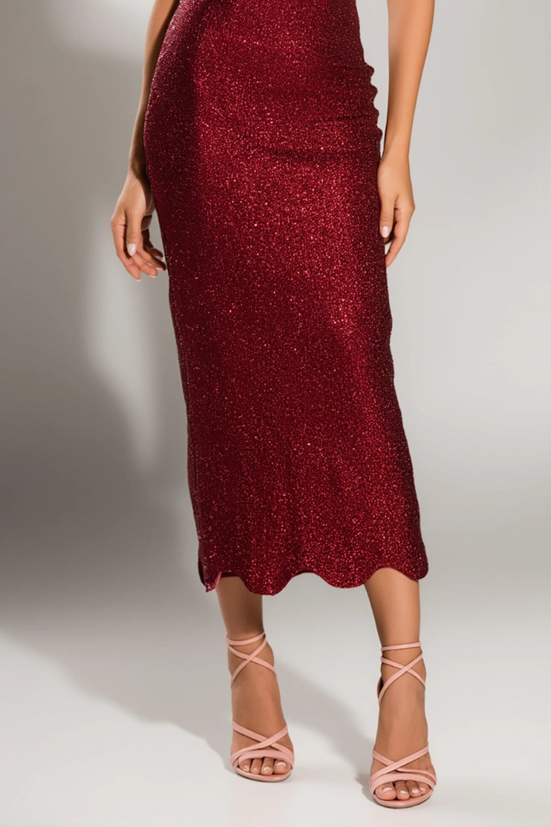 Cocktail Party Dress Red Spaghetti Strap Cowl Neck Stretchy Midi Dress Simple beautiful generous and full of charm