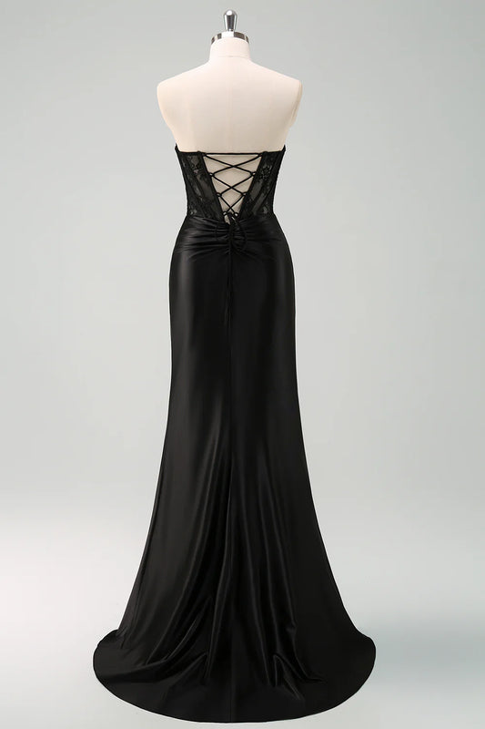 Black Mermaid Strapless Ruched Corset Long Prom Dress with Lace Up Back