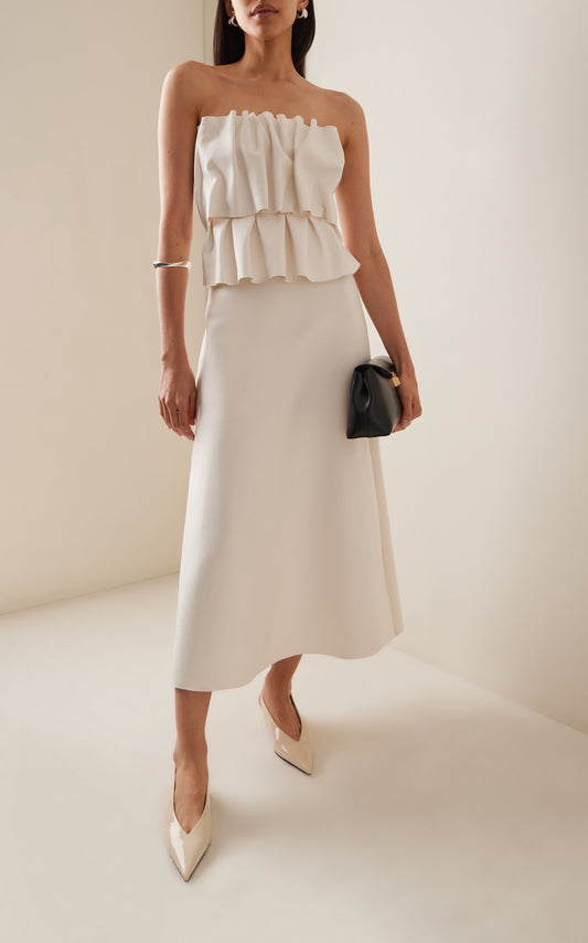 Ruffled Stretch-Crepe Strapless Midi Dress Full of charm simple and atmospheric