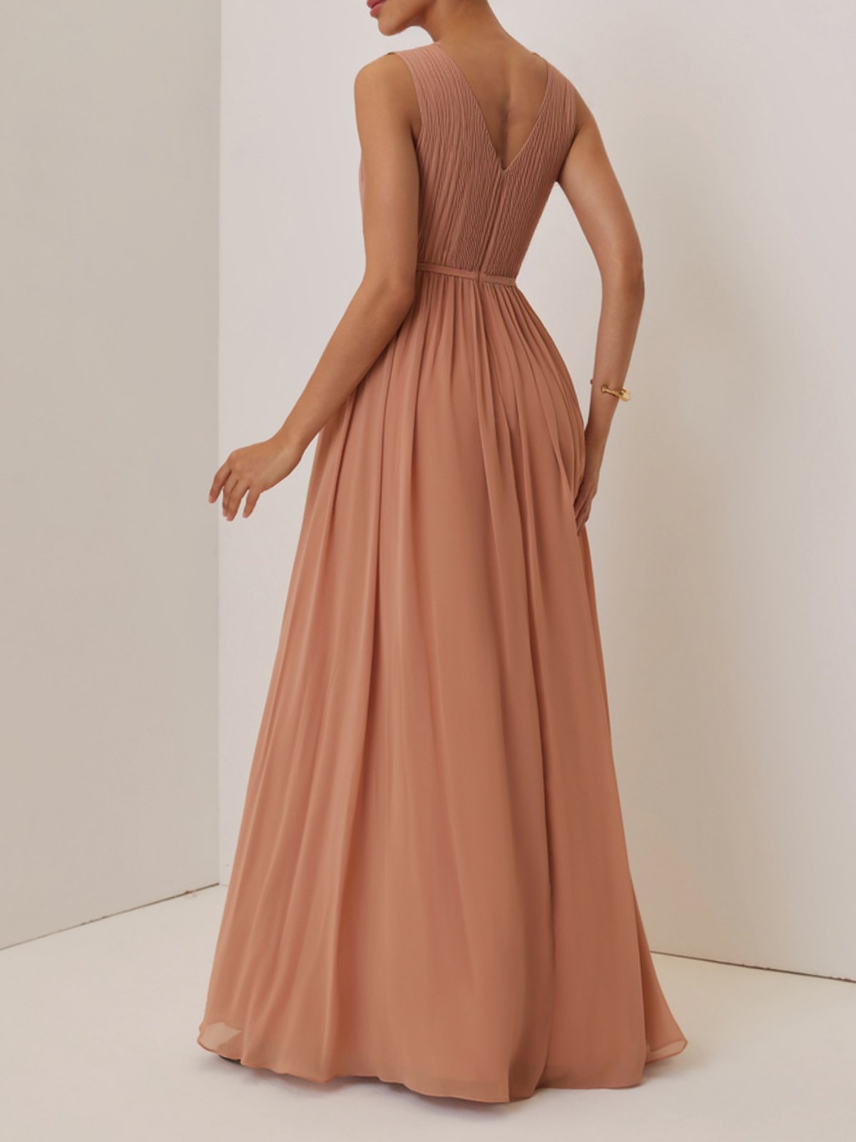 Simple beautiful generous and full of charm Pink Ruched Prom Dress V Neck Sleeveless A-Line Maxi Dress